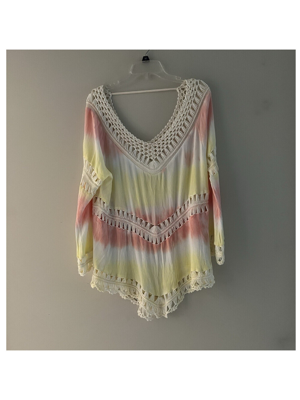 Surf Gypsy Tie-Dye Crochet Knit  long sleeve Blouse Yellow Pink White Med  Boho